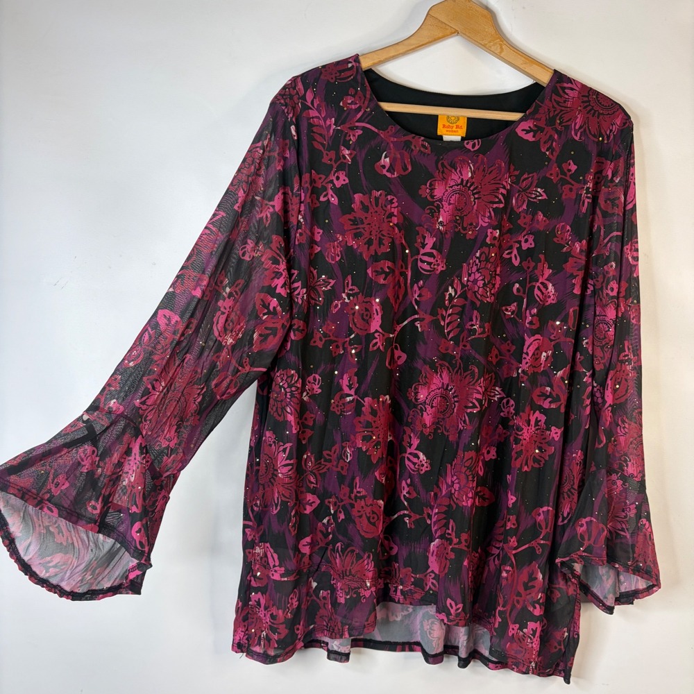 Ruby Rd Blouse Woman 3X Pink Purple Floral Mesh Glitter Bell Sleeve Tunic